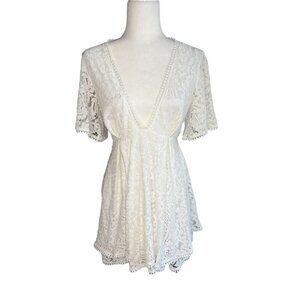 Showpo Women's White Lace Dip V-Neck Dress Size M